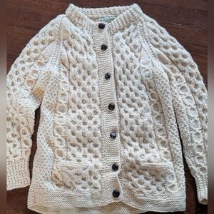 Irish 100% wool fishermans core handknit cardigan sweater small Tara fashions